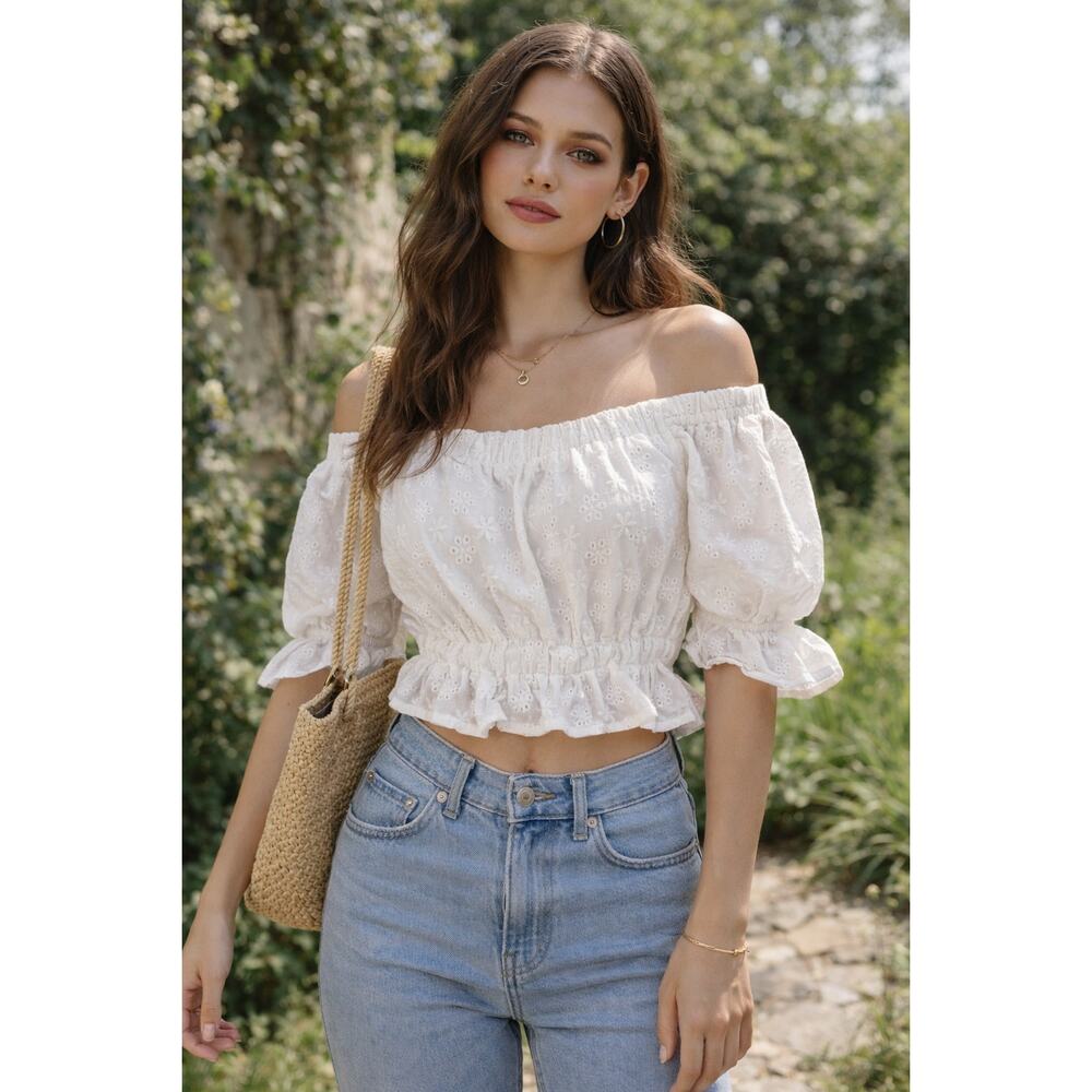 Sabo Skirt White Eyelet Crop Top Size L Festival Milkmaid Peasant Coquette Boho